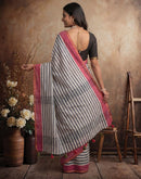 White Linen Printed Zari Border Saree