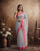 White Linen Printed Zari Border Saree