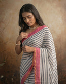 White Linen Printed Zari Border Saree