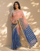 Blue Linen Printed Zari Border Saree