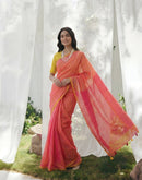 Coral Peach Linen Printed Zari Border Saree