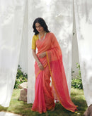 Coral Peach Linen Printed Zari Border Saree