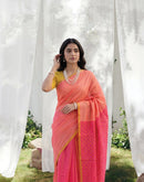 Coral Peach Linen Printed Zari Border Saree