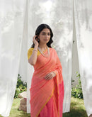 Coral Peach Linen Printed Zari Border Saree