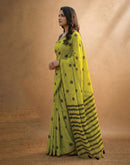 Parrot Green Linen Printed Zari Border Saree