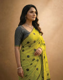 Parrot Green Linen Printed Zari Border Saree
