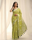 Light Green Linen Printed Zari Border Saree