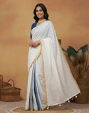 White Linen Printed Zari Border Saree