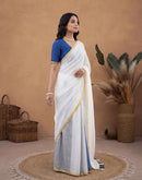 White Linen Printed Zari Border Saree