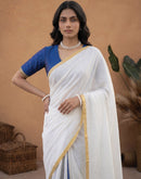 White Linen Printed Zari Border Saree