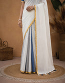 White Linen Printed Zari Border Saree