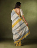Dusty Light Blue Linen Printed Zari Border Saree