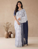 White Linen Printed Zari Border Saree