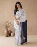 White Linen Printed Zari Border Saree