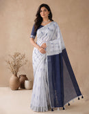 White Linen Printed Zari Border Saree