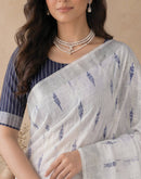 White Linen Printed Zari Border Saree
