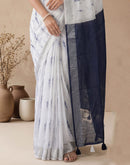 White Linen Printed Zari Border Saree