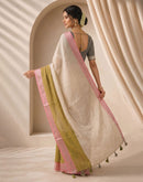 Beige Linen Printed Zari Border Saree