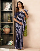 Ready To Wear Navy Blue Cotton Printed Saree With Pocket