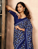 Ready To Wear Navy Blue Cotton Printed Saree