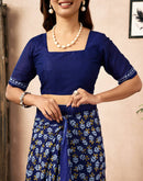 Ready To Wear Navy Blue Cotton Printed Saree
