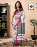 Ready To Wear White Cotton Printed Saree
