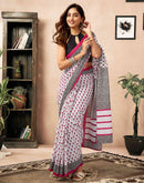 Ready To Wear White Cotton Printed Saree