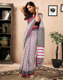 Ready To Wear White Cotton Printed Saree