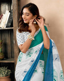 Ready To Wear Off White Cotton Printed Saree