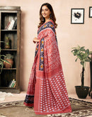 Ready To Wear Coral Orange Cotton Ikkat Printed Saree