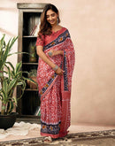 Ready To Wear Coral Orange Cotton Ikkat Printed Saree