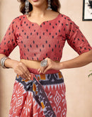 Ready To Wear Coral Orange Cotton Ikkat Printed Saree