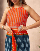 Ready To Wear Dusty Blue Cotton Printed Saree With Pocket