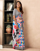 Ready To Wear White Cotton Printed Saree With Pocket