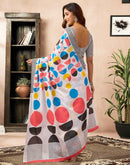 Ready To Wear White Cotton Printed Saree With Pocket