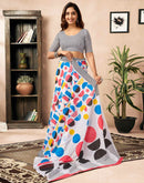 Ready To Wear White Cotton Printed Saree With Pocket