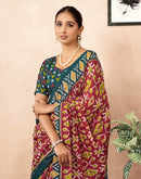 Ready To Wear Red Cotton Ikkat Printed Saree
