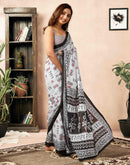 Ready To Wear White Cotton Printed Saree