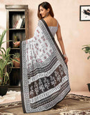 Ready To Wear White Cotton Printed Saree
