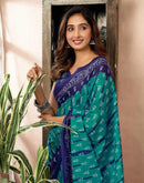 Ready To Wear Teal Green Cotton Ikkat Printed Saree