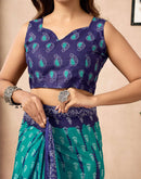 Ready To Wear Teal Green Cotton Ikkat Printed Saree