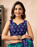Ready To Wear Teal Green Cotton Ikkat Printed Saree