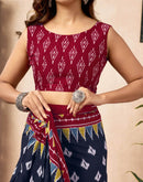 Ready To Wear Navy Blue Cotton Printed Saree