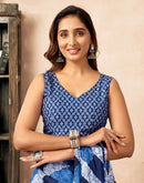 Ready To Wear Blue Cotton Printed Saree With Pocket