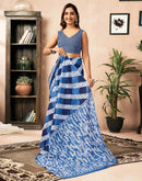 Ready To Wear Blue Cotton Printed Saree With Pocket