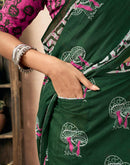 Ready To Wear Green Cotton Printed Saree With Pocket