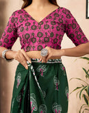 Ready To Wear Green Cotton Printed Saree With Pocket