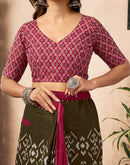 Ready To Wear Brown Cotton Printed Saree With Pocket