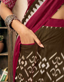 Ready To Wear Brown Cotton Printed Saree With Pocket