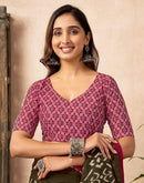 Ready To Wear Brown Cotton Printed Saree With Pocket